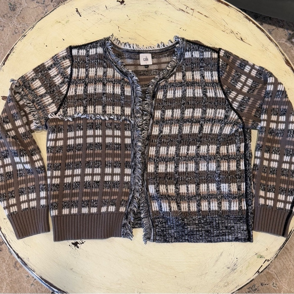 Cabi Cardigan Women Large Brown Plaid Fringe Cardigan Sweater Grandpacore - Picture 6 of 6